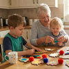 Grandmother and children making Woodsy Craft Co. Garland Kit in a kitchen