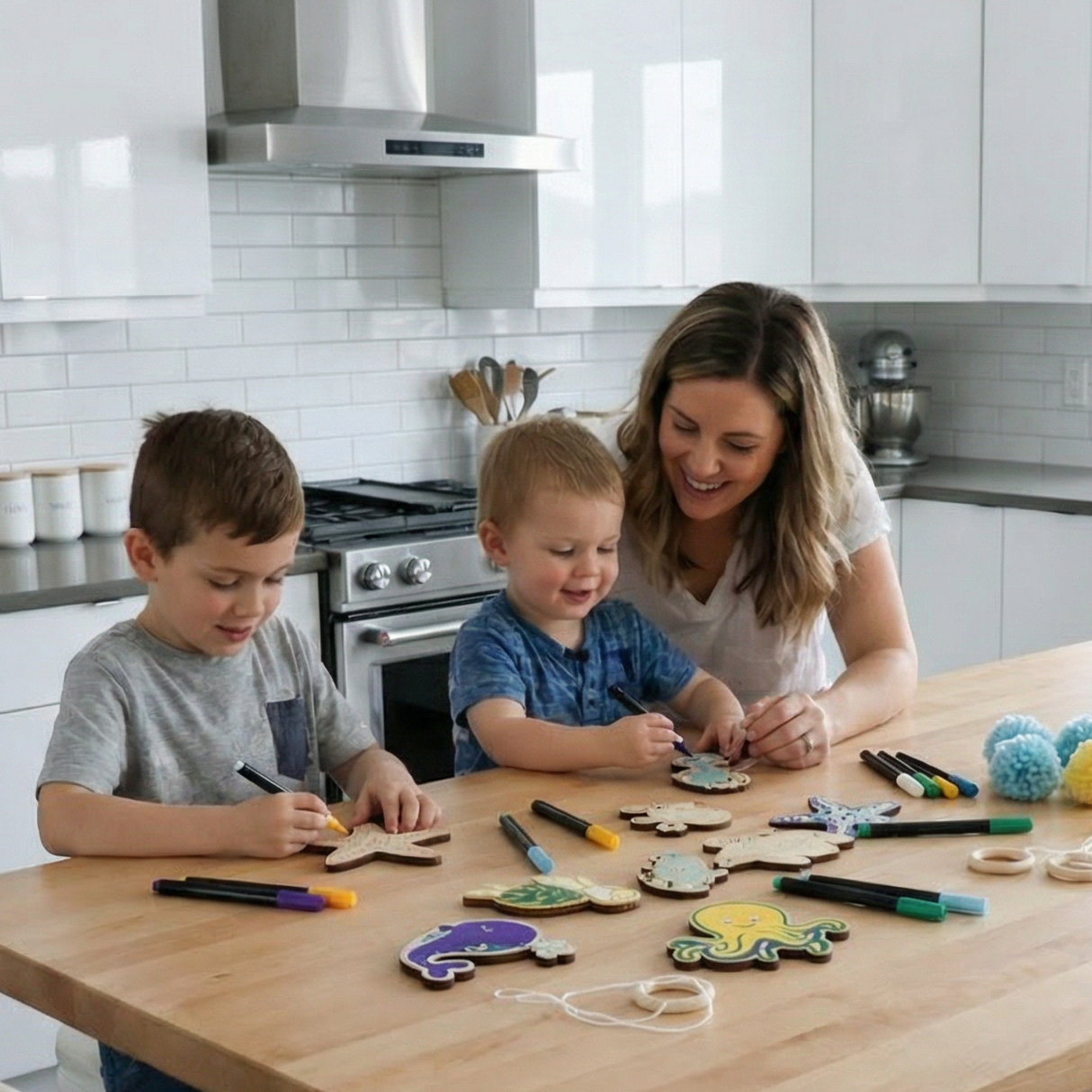 Woman and two children at a kitchen table crafting a kids Woodsy Craft Co. DIY Garland Kit