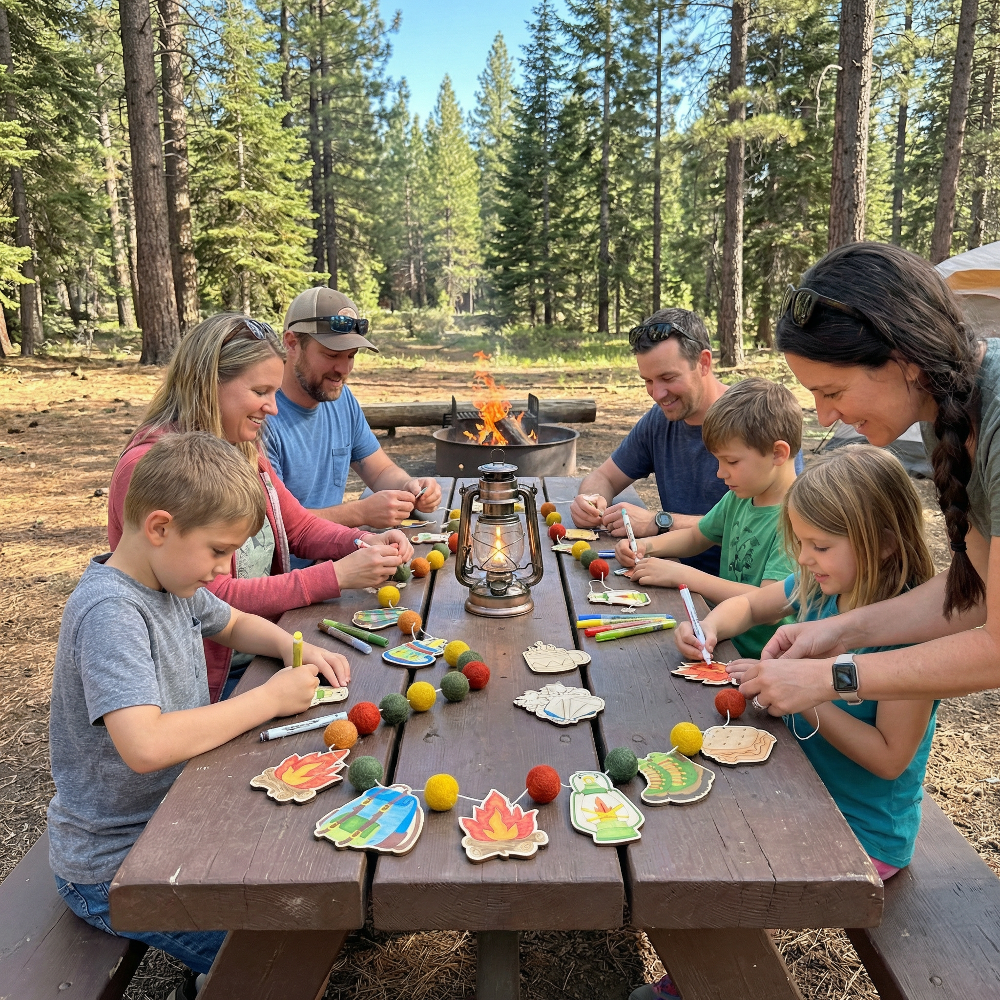 Family and children at a picnic table in a forest setting making a Woodsy Craft Co. DIY Garland Kit