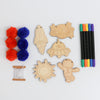 Contents of the Kids Outer Space Garland Kit with wooden shapes, pom-poms, and markers