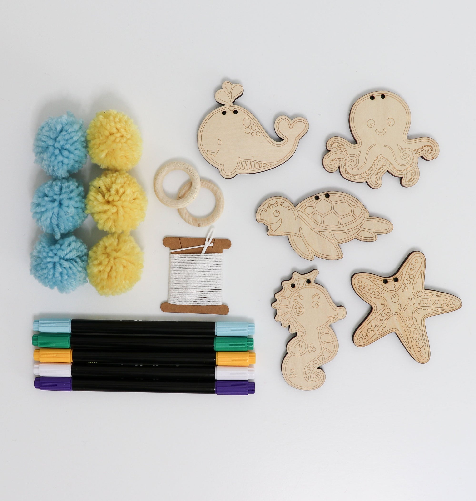 Kids Woodsy Craft Co. Kit Pieces - Wooden Pieces, Pom Poms, Markers, Plastic Needle and thread